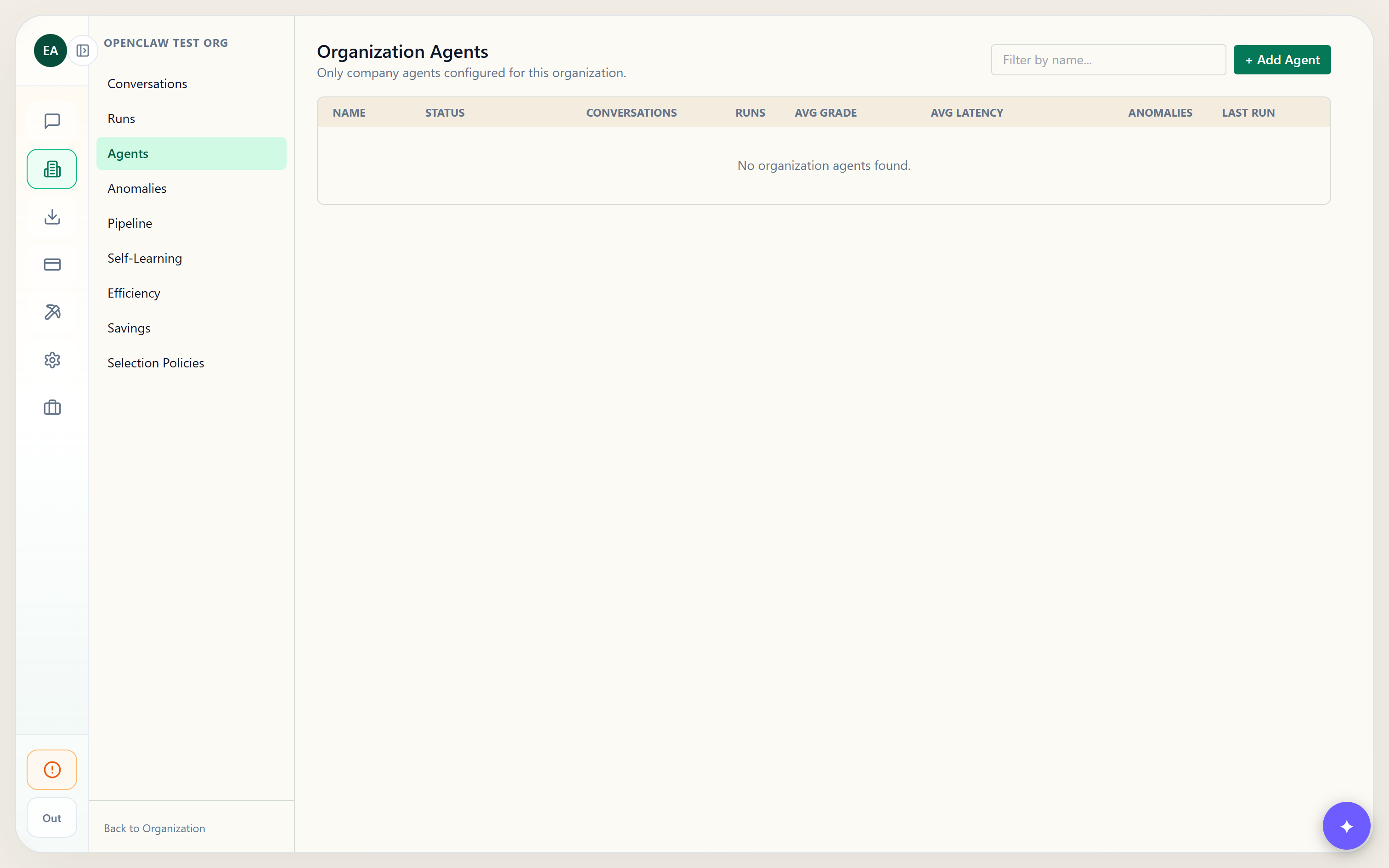 Observability Agents page with the + Add Agent button