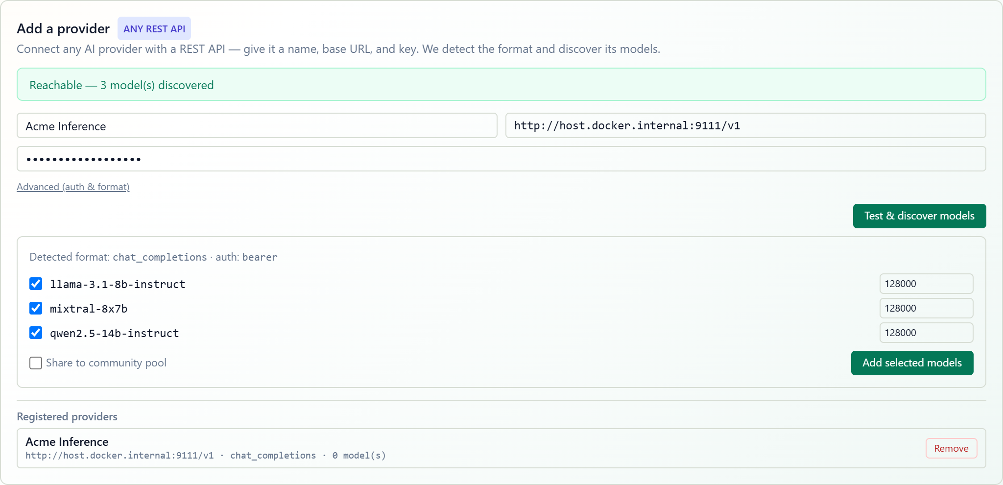 Discovered models with detected format and auth scheme