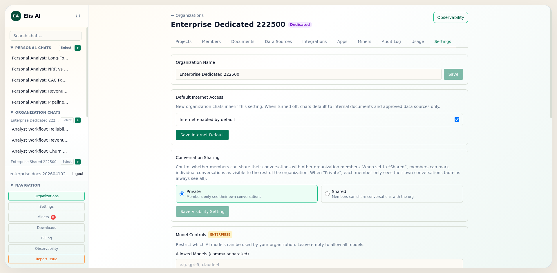 Dedicated cluster status card in organization settings