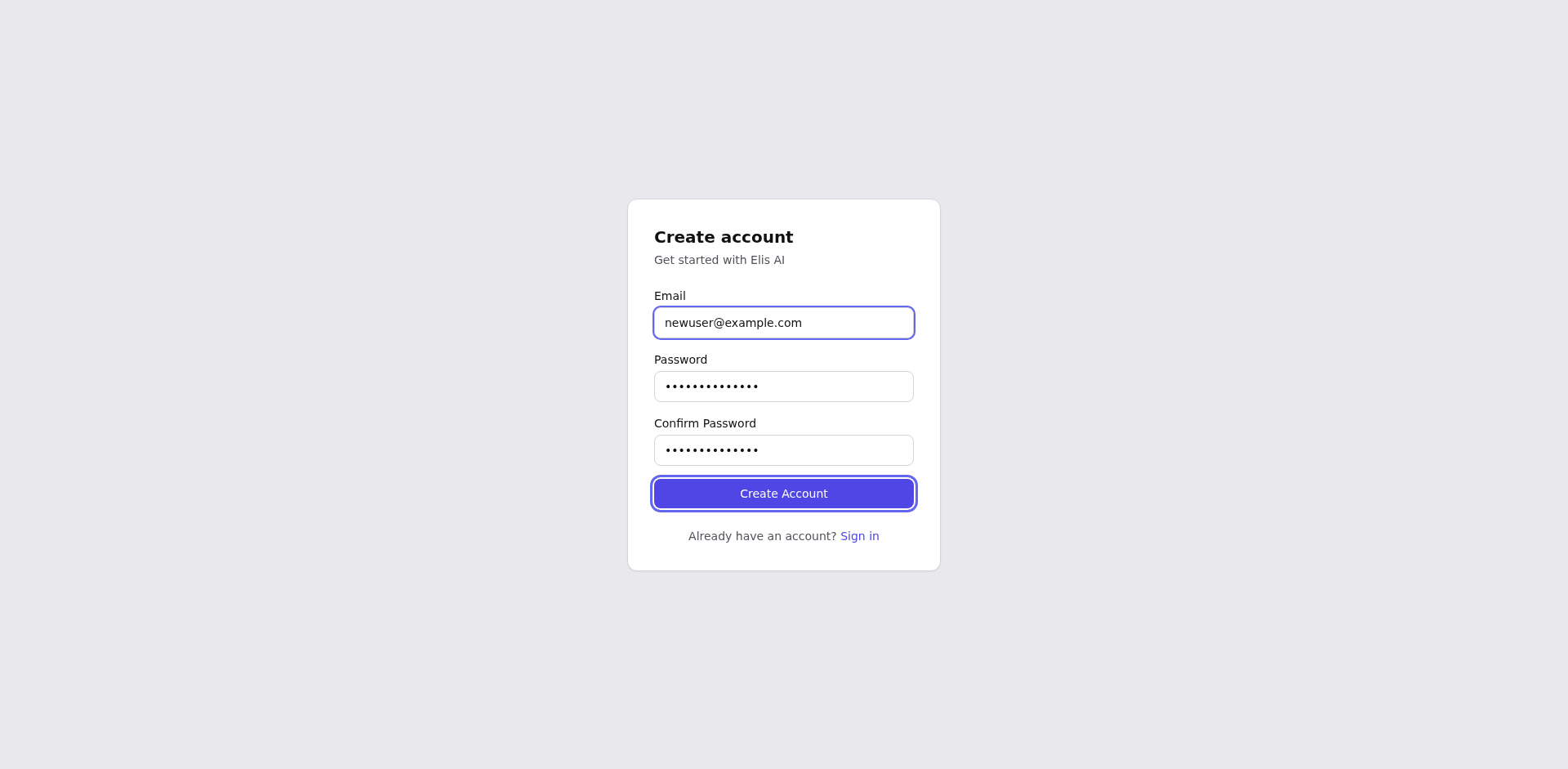 Sign up form with fields filled in